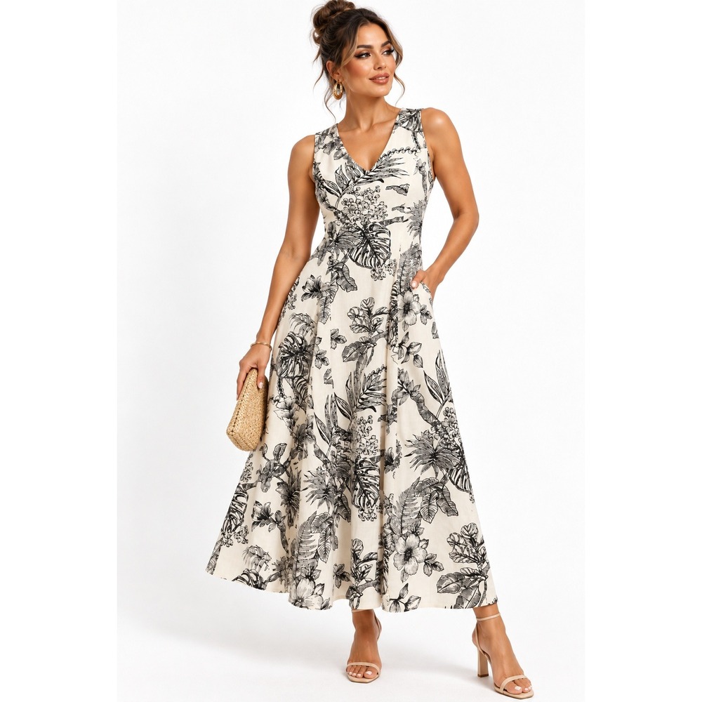 Maggy London Womens Sleeveless V-Neck A-Line Linen Blend Tropical Floral Dress S